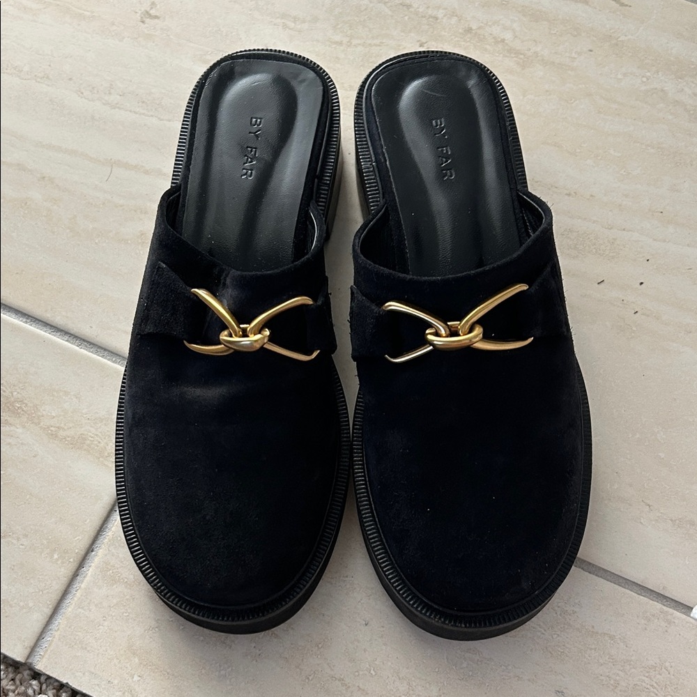 BY FAR Black Mules with Gold Detailing